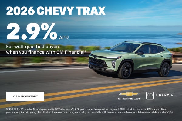 2026 Chevy Trax. 2.9% APR for well-qualified buyers when you finance with GM Financial.